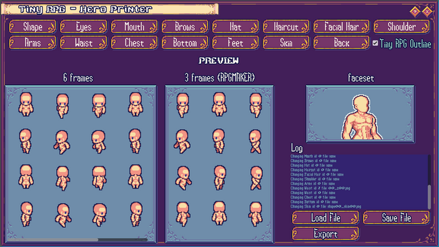 Hero Printer screenshot showing the initial status of the tool with a naked characters with no face.