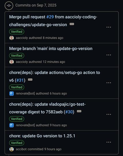 "accibot" and renovate commits on a coding challenge repo. accibot created the very first commit of the day updating the module version of Go to 1.25.1