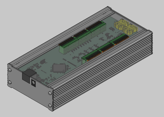 A 3D CAD of a circuit board in an extruded aluminum enclosure