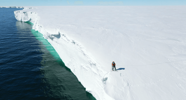 A researcher examines the cliff edge after a major calving event from this Antarctic ice shelf.