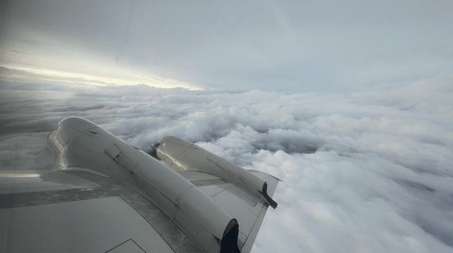 The view out one of NOAA's Hurricane Hunters, a P-3 Orion aircraft.