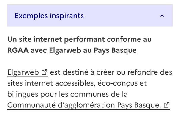 Exemples inspirants : un site internet performant conforme au RGAA avec Elgarweb au Pays Basque.

Elgarweb est destiné à créer ou refondre des sites internet accessibles, écoconçu et bilingue pour les communes de la Communauté d'agglomération Pays Basque.
