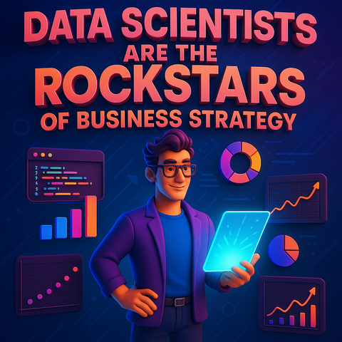 A stylized 3D cartoon depiction of a data scientist, portrayed as a rockstar, confidently holds a tablet displaying data visualizations, surrounded by various data-related icons.