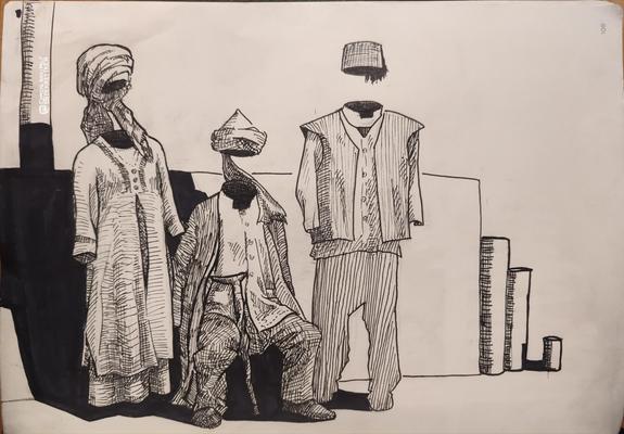 Black Fineliner and marker on paper

Three figures in a more traditional way (?) of muslim clothing, in front of a board and some cylinders, throwing a black shadow. All figures are only shown through clothing, they have no heads and the person on the left seems to be floating, as no feet are visible.