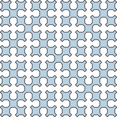 A recursive pattern of blue squares joined with lobes at the corners. The central square is connected to four other squares. The overall pattern is like a geometric leaf. The negative spaces look like cloverleaves.