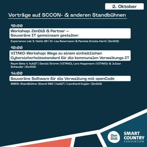 SharePic 8 von 10 zu den ZenDiS-Speaker-Beiträgen sowie dem ZenDiS-Bühnenprogramm auf der Smart Country Convention (SCCON) 2025.
