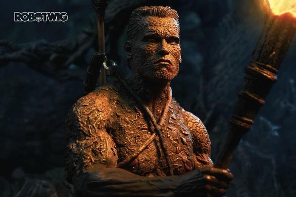 Dutch in muddy camouflage walking through midnight jungle burns a torch to entice the Predator