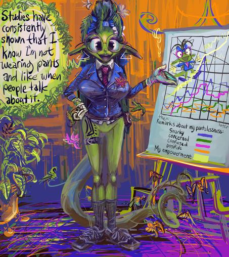 illustration of a trouserless anthropomorphic plant person wearing business type garb gesturing beside a line graph chart indicating a feeling of empowerment over remarks about the creature's lack of trousers regardless of how negative or insulting the remarks are.  a green dialog bauble declares "Studies have consistently shown that I know I'm not wearing pants and like when people talk about it."