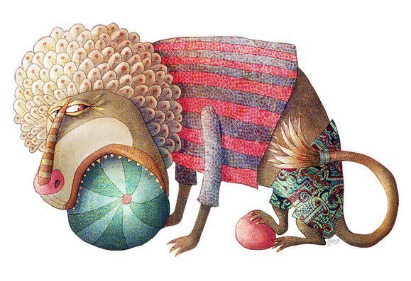 On a white background, cowers a rather anxious lion named Clarence. He wears a brightly striped pink shirt and green shorts. Glancing backward, he grasps a huge beach ball in his mouth. Please do NOT try to take it away...