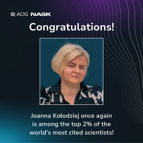 A photograph of Joanna Kołodziej, a woman looking into the camera with a serious expression, with a white frame and semi-transparent background, alongside with the texts “Congratulations!” and “Joanna Kołodziej once again is among the top 2% of the world’s most cited scientists.” At the top of the image the logos of ACIG and NASK can be seen.