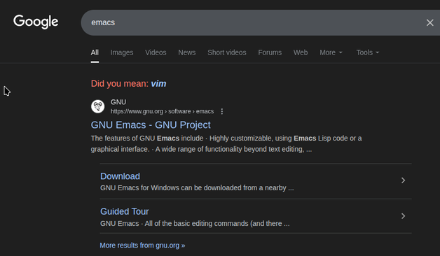 A Google search page where the user has searched for "Emacs" and Google displays at the top of the page, in red text "Did you mean vim?"