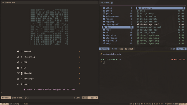 my linux setup with river wm : neovim startpage, a terminal file manager and the foot terminal with a zelda prompt