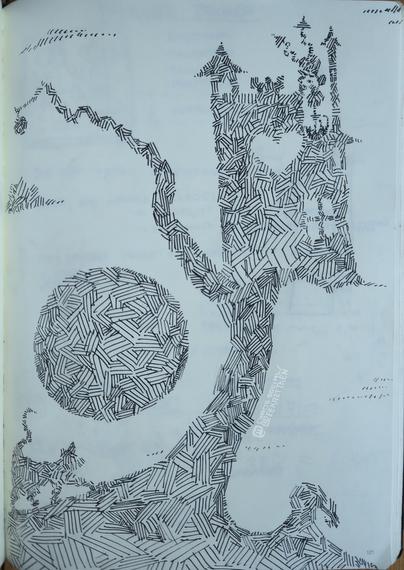 Black Fineliner on paper, all forms drawn in hatching patterns

A cat walking towards a tree without leaves and two branches. On one branch is a castle with a heart- and some indw-shaped holes and some structure in the upper right. Some clouds and a big moon/ sun in the sky.