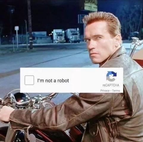Arnold Schwarzenegger as the Terminator with a serious expression sits on a motorcycle, wearing a black leather jacket. In the foreground, there is a CAPTCHA prompt that reads "I’m not a robot." The background features dim lighting with trucks and a sign.