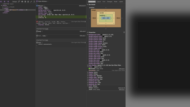 An image of the Webkit inspector showing white hairline artefact around the edge of an object. It appears and disappears based upon the zoom in the browser window. Also, the RGBA Background colour of the div is two percent darker than the same RGBA value at the last pixel of the box shadow.