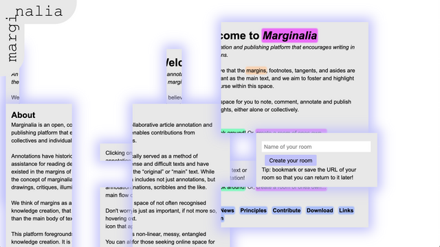 l'interface de Marginalia, composée de fragments gris de texte découpé entourés d'une aura violette sur fond blanc.