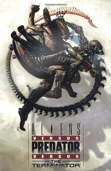 A comic book cover for Aliens vs Predator vs Terminator, featuring all three in an fight.