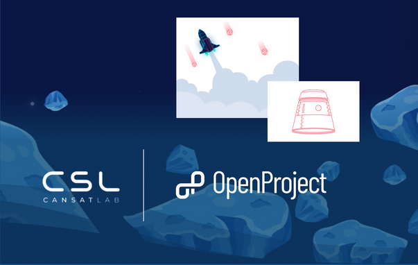 CanSatLab and OpenProject, with space background, a rocket and a satellite