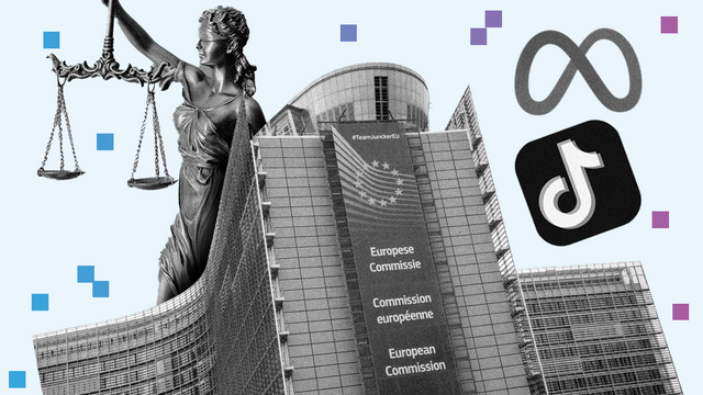 European Commission's building with the symbol of justice and the logos of Meta and TikTok on the background. European Commission's building with the symbol of justice and the logos of Meta and TikTok on the background.