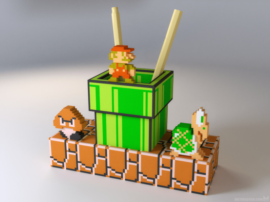 3D print design of a voxel-style pen tray, featuring 8-bit Mario, standing on a cubic version of the green pipes from the Mario Bros games.