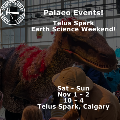 A poster for Telus Spark Earth Science Weekend! There's some text over an image. The image is of a person dressed as an 18th century British explorer (tan clothes, pith helmet, &c) cowering before someone in a raptor costume.