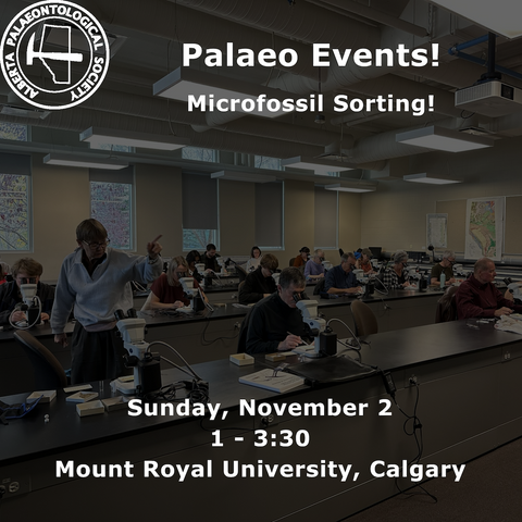 A poster for microfossil sorting sessions. There's some text superimposed on a picture. The image is of a bunch of people working at lab benches looking through microscopes at microfossils!