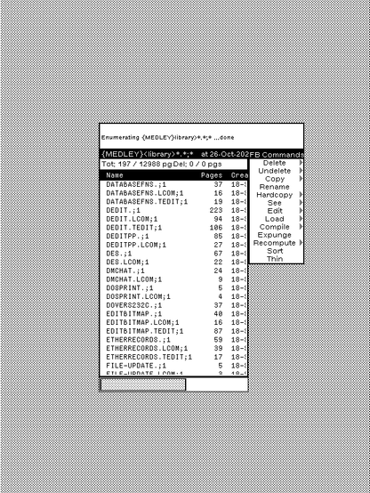 Screenshot of a portion of the black and white desktop of a 1980s graphical workstation environment. The desktop has a gray background pattern and one window with a white background and a title bar with white text on a black background. The window is a file browser with a main pane listing some files, status and input panes, and a command menu. The file list has a horizontal scroll bar at the bottom edge.