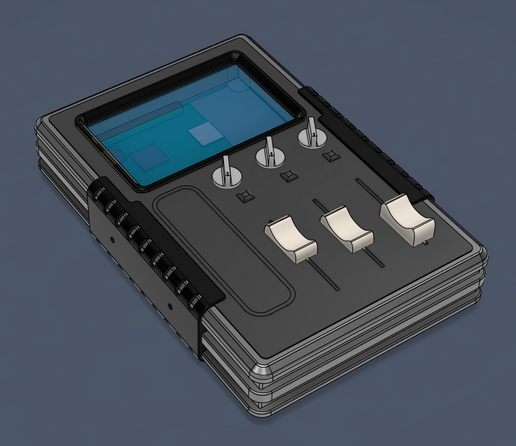 a 3D model of a device with 3 knobs and 3 faders, 3 pushbuttons, and a screen. It is various shades of grey. It has parts inside in green to indicate the faders, switches, and electronics inside.