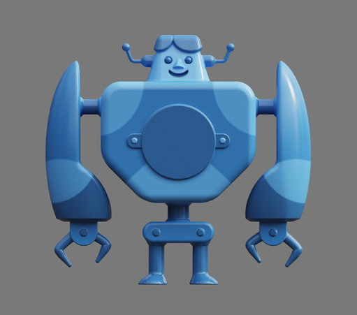 A friendly, stylized, blue-tinted 3D robot model in progress.