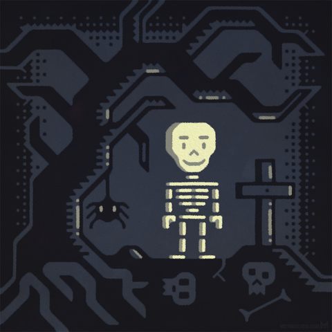 Stylized 2D artwork of a boy skeleton standing underneath a tree on a graveyard.