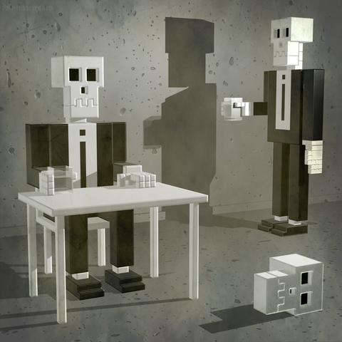 Stylized voxel artwork of two skeletons in black suits with black ties in a café.