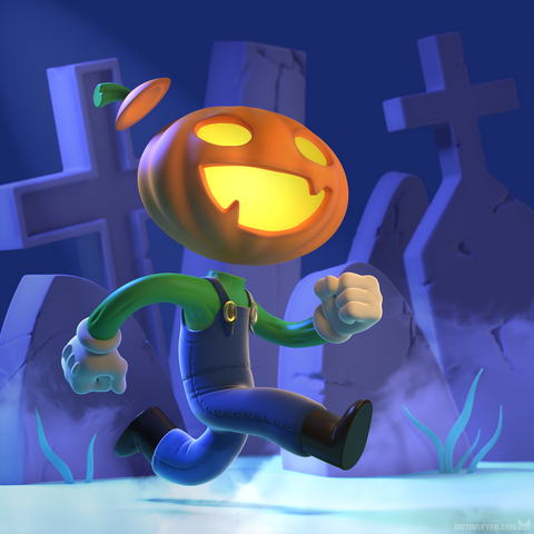 Stylized 3D artwork of a Halloween pumpkin character running across a graveyard.