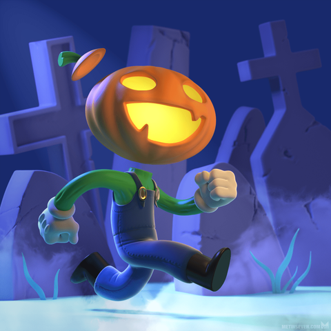 Stylized 3D artwork of a Halloween pumpkin character running across a graveyard.