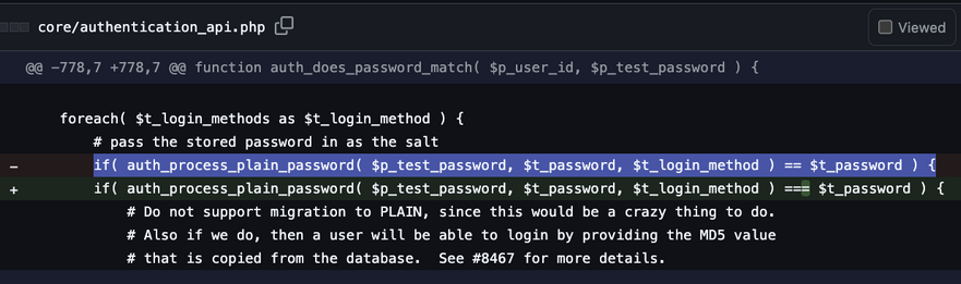 Root cause of CVE-2025-47776 vulnerability: Use of == instead of === to compare password hashes.