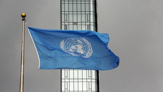 The United Nations flag flies on a stormy day at the U.N. during the United Nations General Assembly, Thursday, Sept. 22, 2022. (AP Photo/Ted Shaffrey, File)