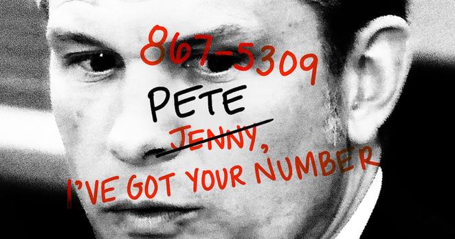 Black and white photo of Pete Hegseth with the lyrics from the Tommy Tutone lyrics, "867-5309, Jenny, I've got your number" with "Jenny" crossed out and replaced by "Pete"