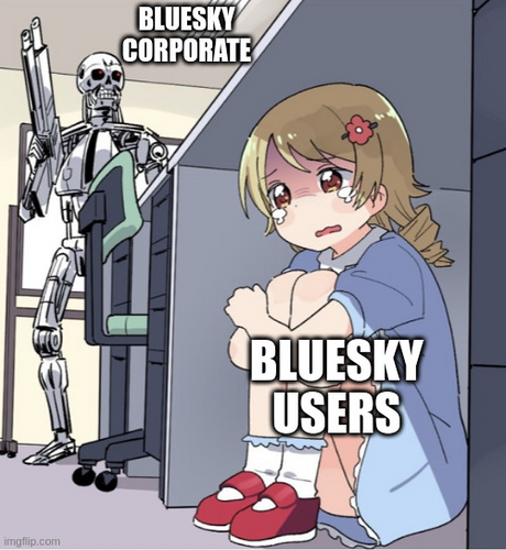 terminator hunting labeled BLUESKY CORPORATE
girl under desk crying labeled BLUESKY USERS