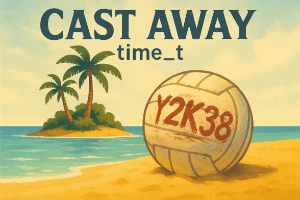 Retro-Poster einer tropischen Insel mit Palmen, im Vordergrund ein Volleyball mit der Aufschrift „Y2K38“ im Sand. Darüber der Titel „Cast Away time_t“. Beschriftung (Caption):