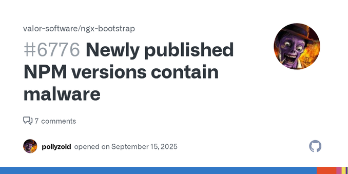 Recently published versions 20.0.4, 20.0.5, 20.0.6, 19.0.3 and 18.1.4 contain a post-install script bundle.js that seems to pull various tokens (GitHub, NPM, AWS, GCP) and attempts to exfiltrate cl...