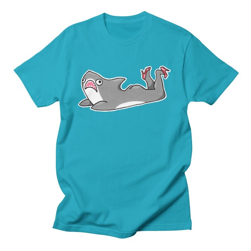 It's the shark, now painted in color, on an aqua blue t-shirt. The shark is grey and white with a pink mouth and red high heels