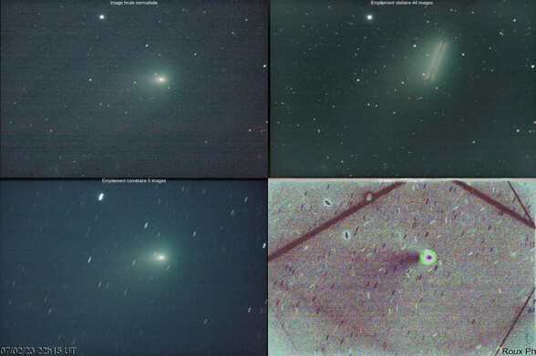 images de C/2022E3ZTF du 07/02/2023 22h UT :
brutes+ empilement stellaire/cométaire+gradient rotationnel 30°