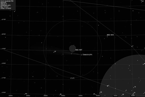 carte du ciel du passage de la comète C/2022E3ZTF dans la constellation du Taureau le 13/02/23