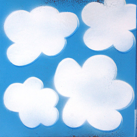 A painting by Davin Brainard of four puffy clouds against a baby blue background.
