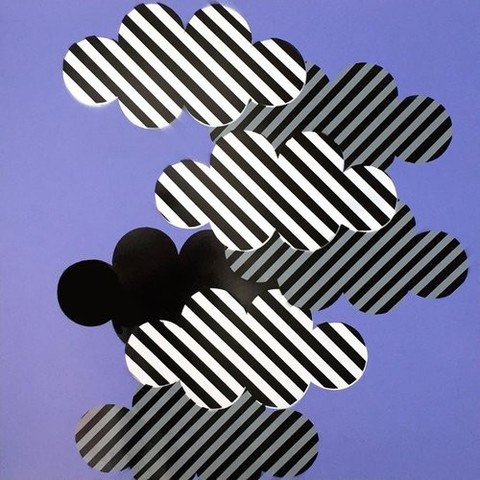A painting by Davin Brainard of clouds with razzle dazzle camouflage patterns against a pale purple background.