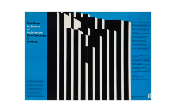 An advertisement for a book titled, “Architects on Architecture: New Directions in America” by Paul Heyer (1970, Allen Lane/Penguin Press). A minimalist interpretation of skyscrapers in black and white against a rich blue background.