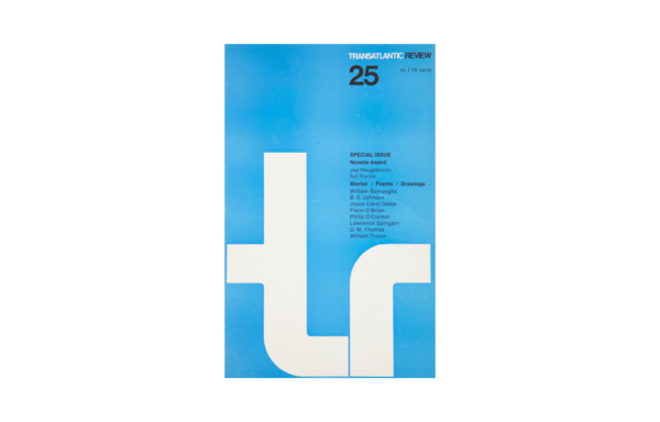 Magazine cover design for Transatlantic Review (1967), issue 25 with William S. Burroughs, Joyce Carol Oates, and others. Using a simple grid with the lowercase “TR” logo displayed prominently along the bottom 2/3 in white against a baby blue background.