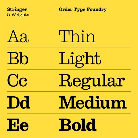 Stringer comes in five weights: Thin, Light, Regular, Medium, and Bold. This image is a text sample in black for each weight against a yellow background.