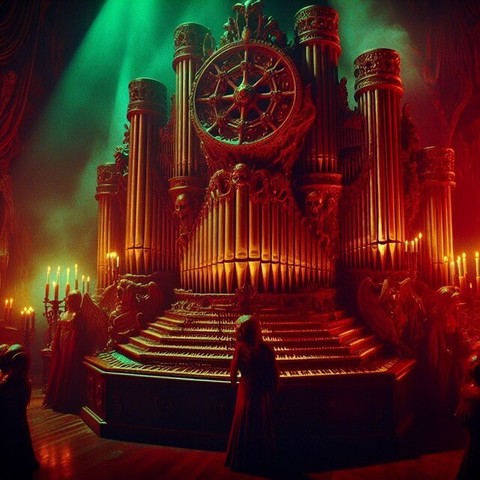 A creepy looking photo of a woman playing a very large 7Hz steampunk pipe organ. She is standing with her back to the audience. The room is bathed in red candlelight with a shaft of ghostly absinthe green light descending to the stage amongst smoke.