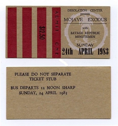 Front and back of the letterpress printed tickets. Front has the Savage Republic palm tree logo with red bars and event details. Back says: PLEASE DO NOT SEPARATE TICKET STUB. BUS DEPARTS 12 NOON SHARP.