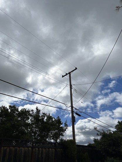 A dramatic color photo of a utility pole standing above a tree with a bunch of wires going here and there against a background of billowy grey clouds shrouding a deep blue sky.